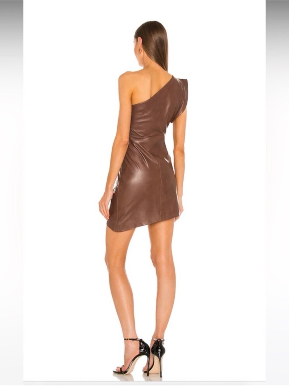 Lamarque One-Shoulder Brown Leather Mini Dress - Picture 3 of 6